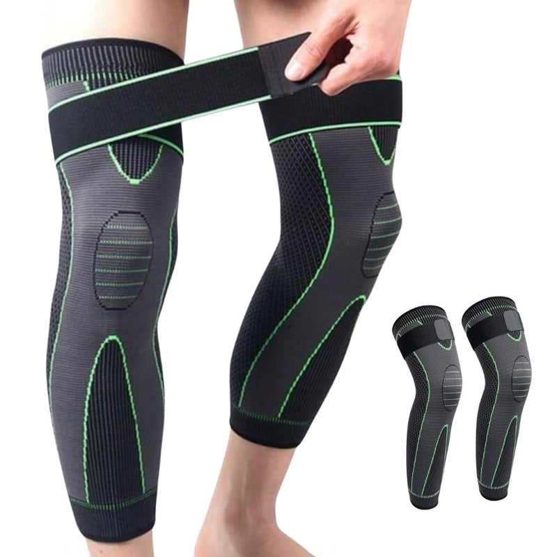 QTM 3D Long Knee Brace Compression Full Sleeve Support For Men And Women (Green,Pair) Nylon Anti Slip Calf Support For Pain Relief Socks For Full Leg Knee Support (Green, L) - Image 1