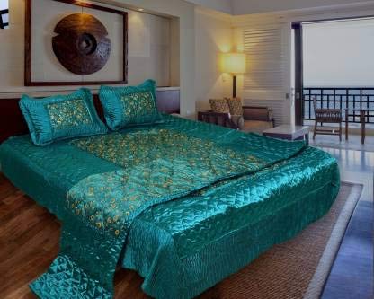 ManavRachit Satin Gold Printed 310 TC Wedding Bedding Set (Bedsheet with 2 Pillow Covers & 1 AC Comforter) for Home & Living Room (Rama Green, Set of 4pc)(Jaal Print) - Image 1