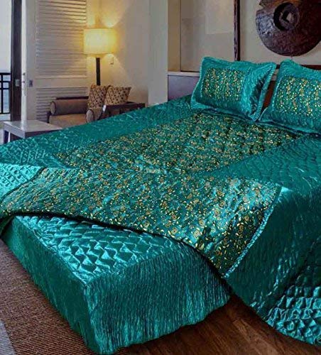 ManavRachit Satin Gold Printed 310 TC Wedding Bedding Set (Bedsheet with 2 Pillow Covers & 1 AC Comforter) for Home & Living Room (Rama Green, Set of 4pc)(Jaal Print) - Image 2