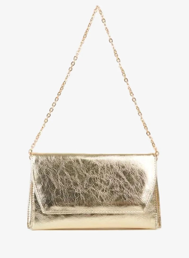 Women's Gold Envelope Design 2-Compartment Mini Chain Strap Snap Closure Clutch and Handbag.