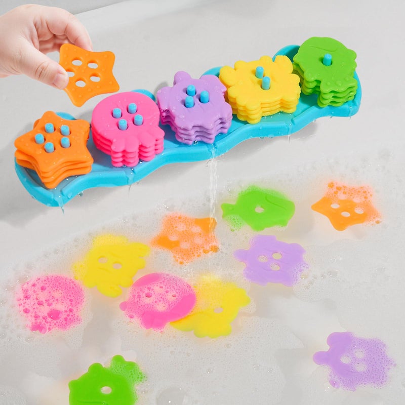AMCHSURI Bath Toys for Kids Ages 13 Mold Free Bath Toys for 1 Year Old Educational Color and Shape Sorting Stacking Toys with 20 Floating Pieces and Mesh Bag Early Learning Toddler Baby Tub Toys - Image 3