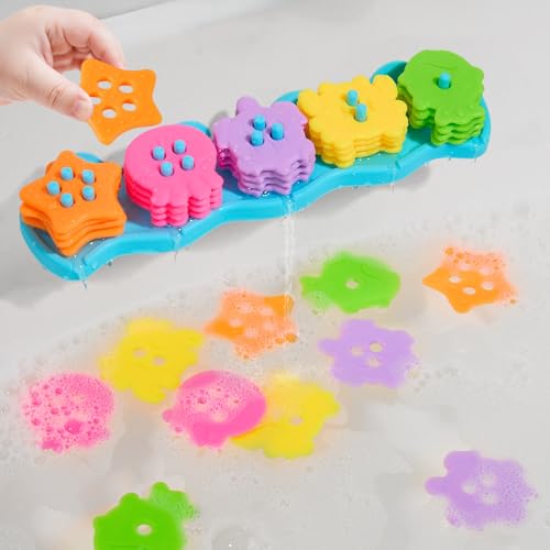 AMCHSURI Bath Toys for Kids Ages 13 Mold Free Bath Toys for 1 Year Old Educational Color and Shape Sorting Stacking Toys with 20 Floating Pieces and Mesh Bag Early Learning Toddler Baby Tub Toys - Image 1
