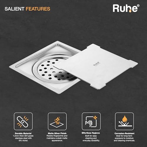 Ruhe Diamond Square Flat Cut Floor Drain | 304-Grade Floor Drain with Collar & Cockroach Trap (5 x 5 Inches) | Floor Drainer for Bathroom, Balcony - Image 3