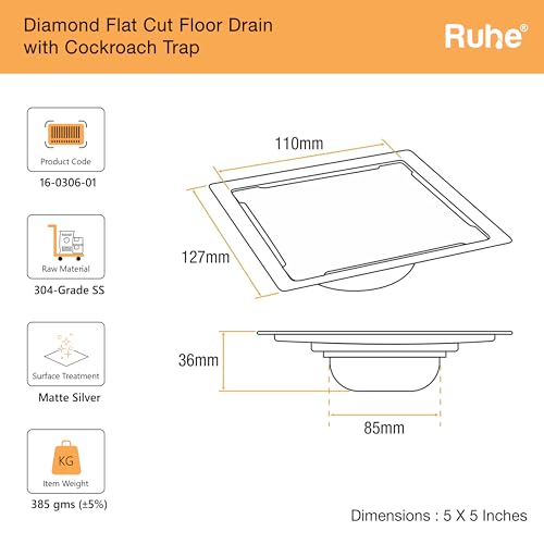 Ruhe Diamond Square Flat Cut Floor Drain | 304-Grade Floor Drain with Collar & Cockroach Trap (5 x 5 Inches) | Floor Drainer for Bathroom, Balcony - Image 2