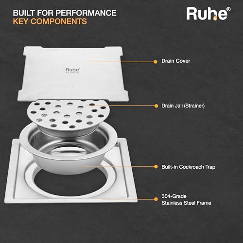 Ruhe Diamond Square Flat Cut Floor Drain | 304-Grade Floor Drain with Collar & Cockroach Trap (5 x 5 Inches) | Floor Drainer for Bathroom, Balcony - Image 5