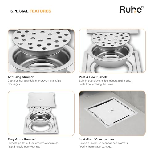 Ruhe Diamond Square Flat Cut Floor Drain | 304-Grade Floor Drain with Collar & Cockroach Trap (5 x 5 Inches) | Floor Drainer for Bathroom, Balcony - Image 4