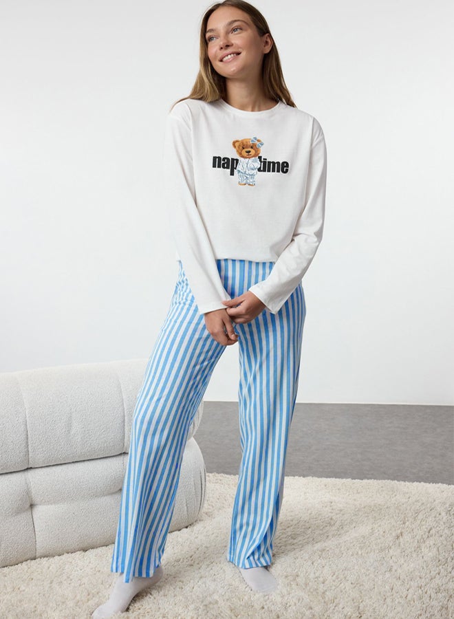 trendyol Women's Couple White 100% Cotton Striped Teddy Bear Knitted Pajama Set - Image 4