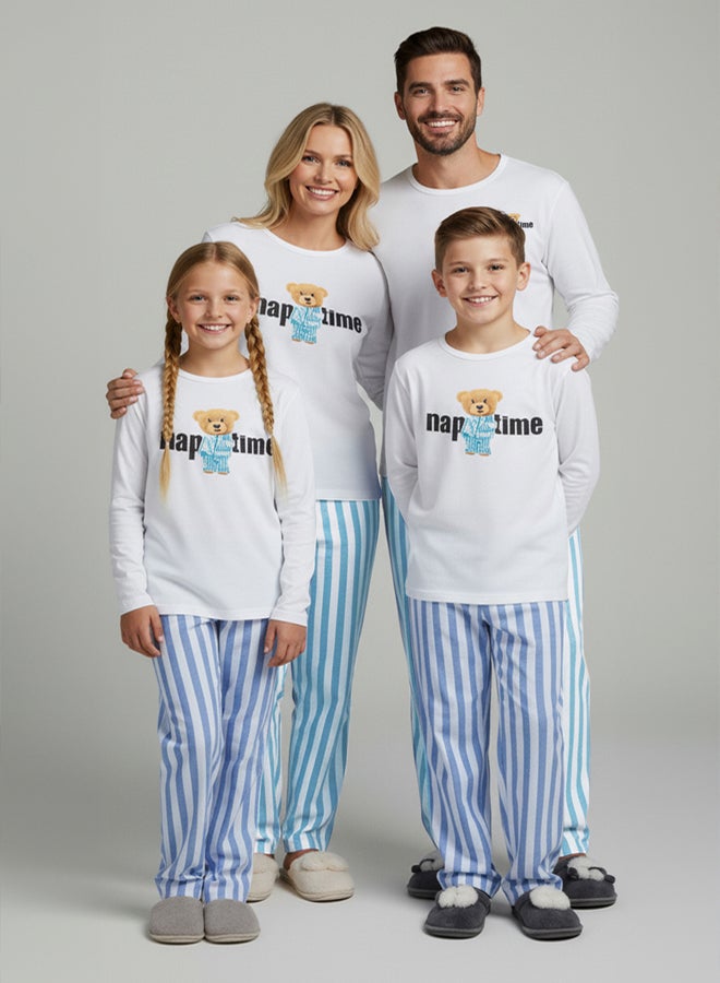 trendyol Women's Couple White 100% Cotton Striped Teddy Bear Knitted Pajama Set - Image 1