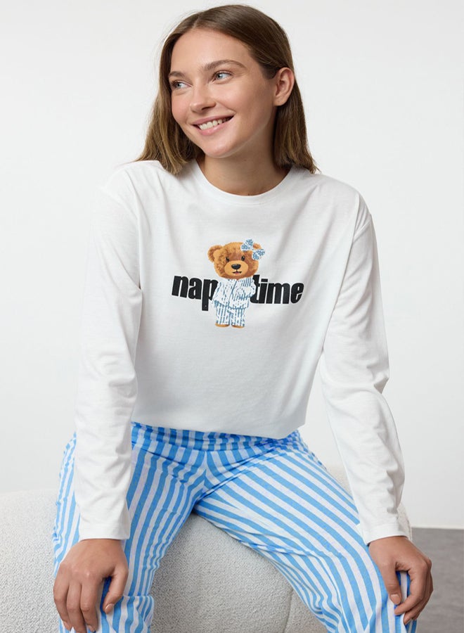 trendyol Women's Couple White 100% Cotton Striped Teddy Bear Knitted Pajama Set - Image 3