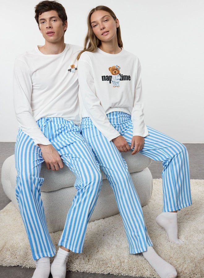 trendyol Women's Couple White 100% Cotton Striped Teddy Bear Knitted Pajama Set - Image 2