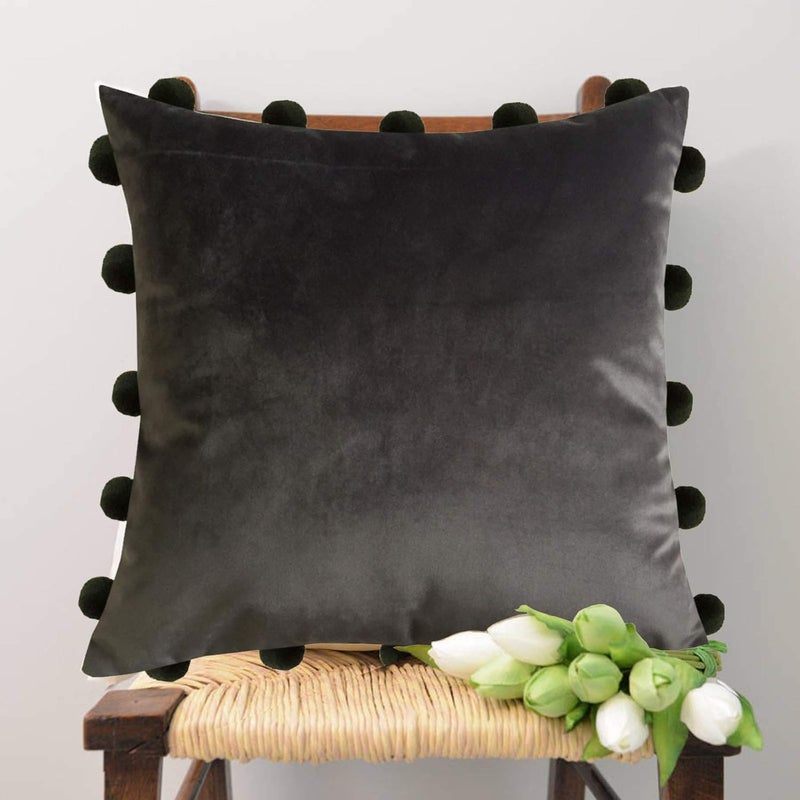 Lushomes Smooth Dark Grey Velvet Cushion Covers with Matching Vibrant Pom Poms Single Pc 16 x 16 inches - Image 1