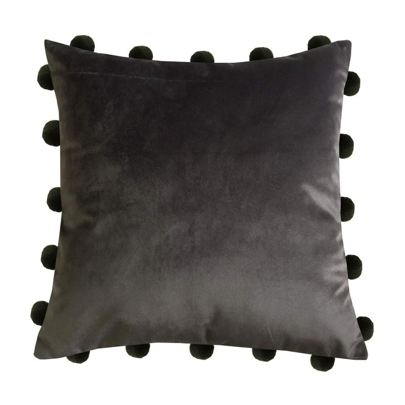 Lushomes Smooth Dark Grey Velvet Cushion Covers with Matching Vibrant Pom Poms Single Pc 16 x 16 inches - Image 2