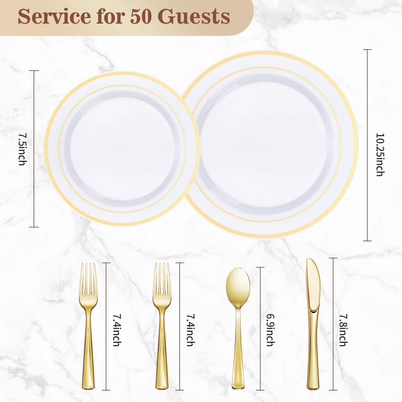 Bestvip 300PCS Gold Plastic Plate Set (50 Guests)  Plastic Plates for Party Wedding Birthday  Disposable Dinnerware Set of 100 Plastic Plates  100 Forks  50 Spoons  50 Knives - Image 4