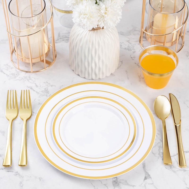 Bestvip 300PCS Gold Plastic Plate Set (50 Guests)  Plastic Plates for Party Wedding Birthday  Disposable Dinnerware Set of 100 Plastic Plates  100 Forks  50 Spoons  50 Knives - Image 5