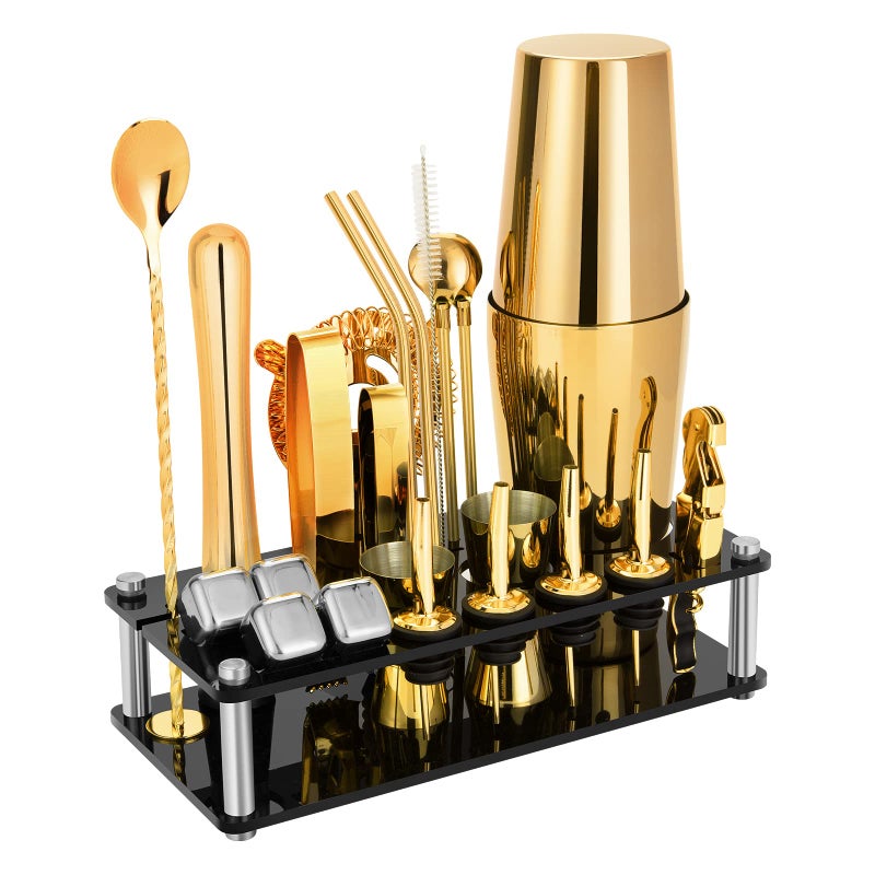 Cocktail Shaker Set 23Piece Boston Stainless Steel Bartender Kit with Acrylic Stand  Cocktail Recipes Booklet Professional Bar Tools for Drink Mixing Home Bar Party  Gold