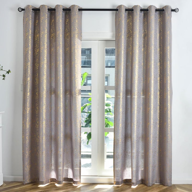 TERLYTEX Grey Gold Curtains 63 Inch Length for Bedroom, Metallic Gold Foil Spary Spots Shimmer Window Curtain Panels, Grommet Privacy Semi-Sheer Curtains, 52 x 63 Inch, 2 Panels, Gold Grey - Image 2