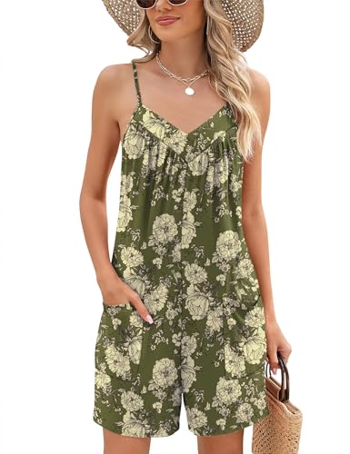 Rapbin Womens Romper Summer 2025 Loose Strap Adjustable V Neck Backless Jumper Stretchy Jumpsuit with Pockets(Army Green Floral,Medium) - Image 1