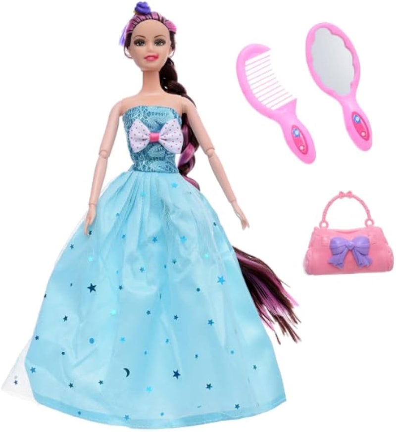 نو دمية بلاستيكية أنيقة جميلة بشعر طويل ملون تحتوي على مشط لطيف ومرآة تمنح المزيد من الترفيه للبنات مجموعة من 4 قطع - متعددة الألوان