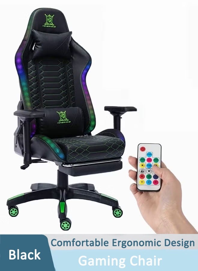 Gaming Chair Computer Chair with Footrest and Lumbar Support LED Light RGB Gaming Chair Computer Desk Chair Study Chair Office Chair (Black)  - Image 1