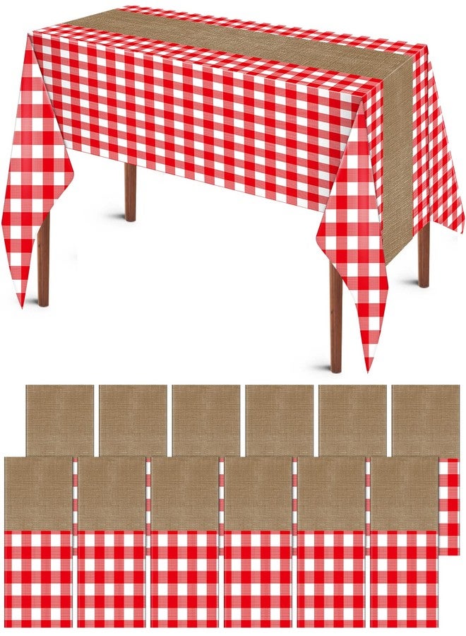 Boyiee 12 Pcs Red and White Checkered Picnic Tablecloths, Plastic Gingham Table Covers Printed Burlap Table Runners for Farm Theme Birthday Western Barnyard Party Supplies, 54 x 108 Inch - Image 1