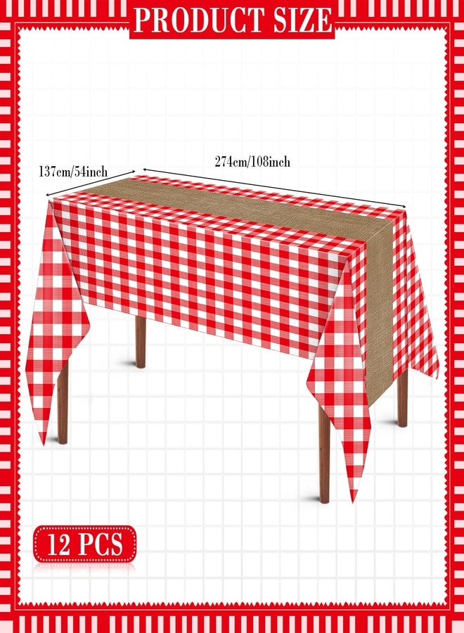 Boyiee 12 Pcs Red and White Checkered Picnic Tablecloths, Plastic Gingham Table Covers Printed Burlap Table Runners for Farm Theme Birthday Western Barnyard Party Supplies, 54 x 108 Inch - Image 2