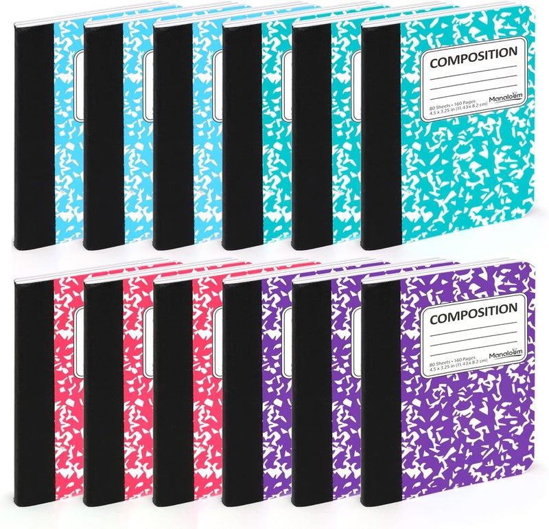 Manaloom Mini Composition Notebooks Bulk, Cute Composition Books, Small Pocket Notebook, for Kids Students College Office, Pocket Sized Journal Notebooks, 4 Colors - 4.5" x 3.25" - 80 Sheets/Book - (12 Pack) - Image 1