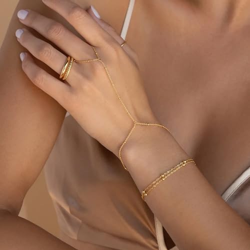 Poxtex Gold Beaded Bracelets for Women, Real Gold Hand Chain Bracelets, Dainty Adjustable Bracelets for Women Trendy, Jewelry Gifts for Women, Mother's Day Gifts for Mom - Image 4