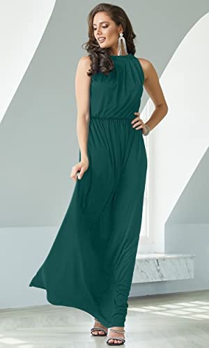KOH KOH Plus Size Womens Long Sleeveless Bridesmaid Halter Neck Wedding Party Guest Flowy Slimming Semi Formal Elegant Gala Ball Evening A-line Tall Gown Maxi Dress, Emerald Green 2XL 18-20 - Image 2