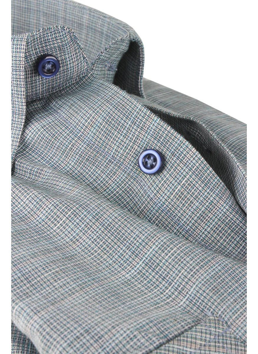 فاريتا Men's Green Flap Double Pocket Linen Effect Wide Cut Long Sleeve Shirt