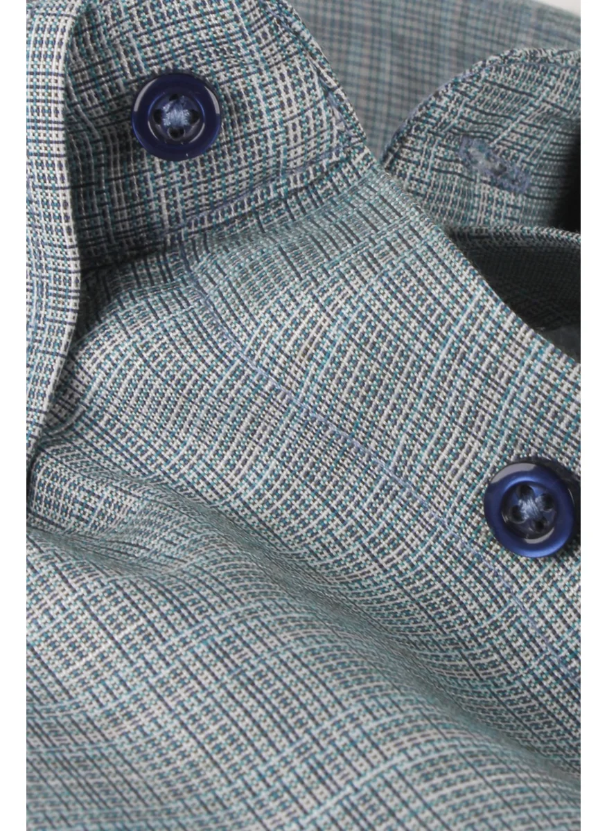 فاريتا Men's Green Flap Double Pocket Linen Effect Wide Cut Long Sleeve Shirt