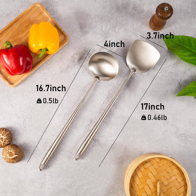 Standcn 17â€ Wok Spatula and Ladle - 304 Stainless Steel Wok Tools Set, 2-Pieces Extra Long Handle Cooking Tools, All Metal Wok Utensils and Wok Accessories for Cast Iron/Carbon Steel Wok - Image 2
