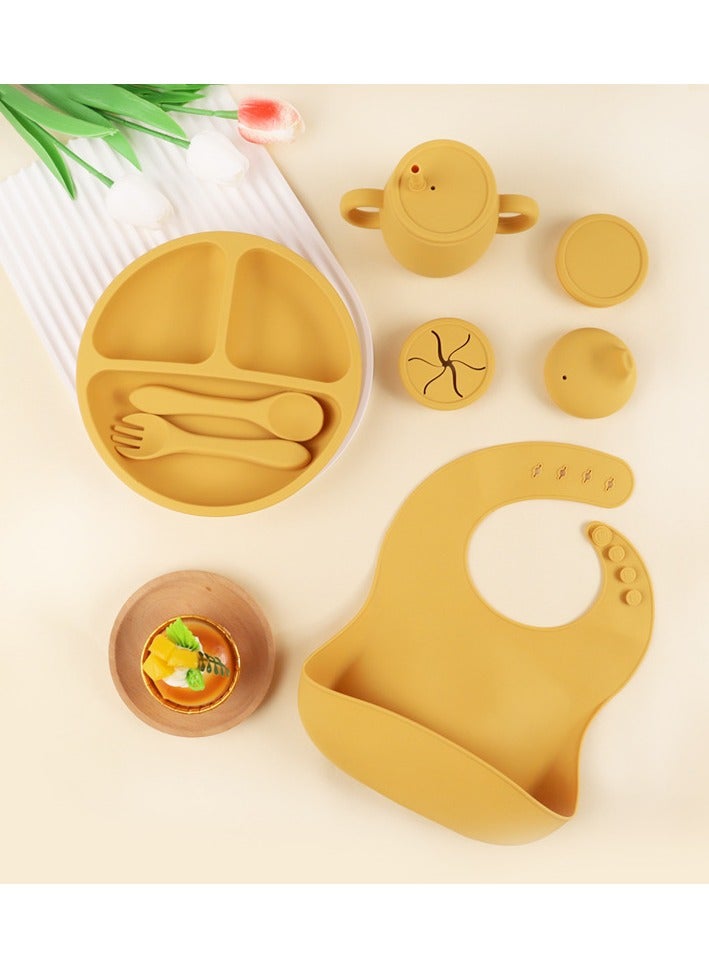 Children's Silicone Tableware Set Baby Food Tray Tableware (Tray + Saliva Pocket) Yellow Two-Piece Set - Image 4