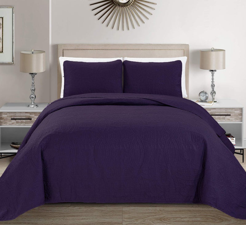 Linen Plus Collection 3 Pieces KingCalifornia King Over Size Embossed Coverlet Bedspread Set Solid Dark Purple 118 x 106 New