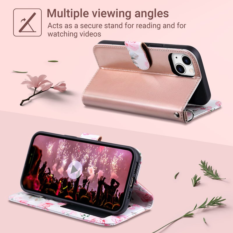 ULAK Compatible with iPhone 13 Wallet Case, Women PU Leather Shockproof Protective Folio Flip Cover with Card Holder Kickstand 6.1 inch, Pink Flower - Image 3