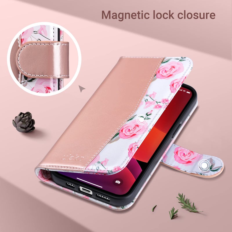 ULAK Compatible with iPhone 13 Wallet Case, Women PU Leather Shockproof Protective Folio Flip Cover with Card Holder Kickstand 6.1 inch, Pink Flower - Image 5