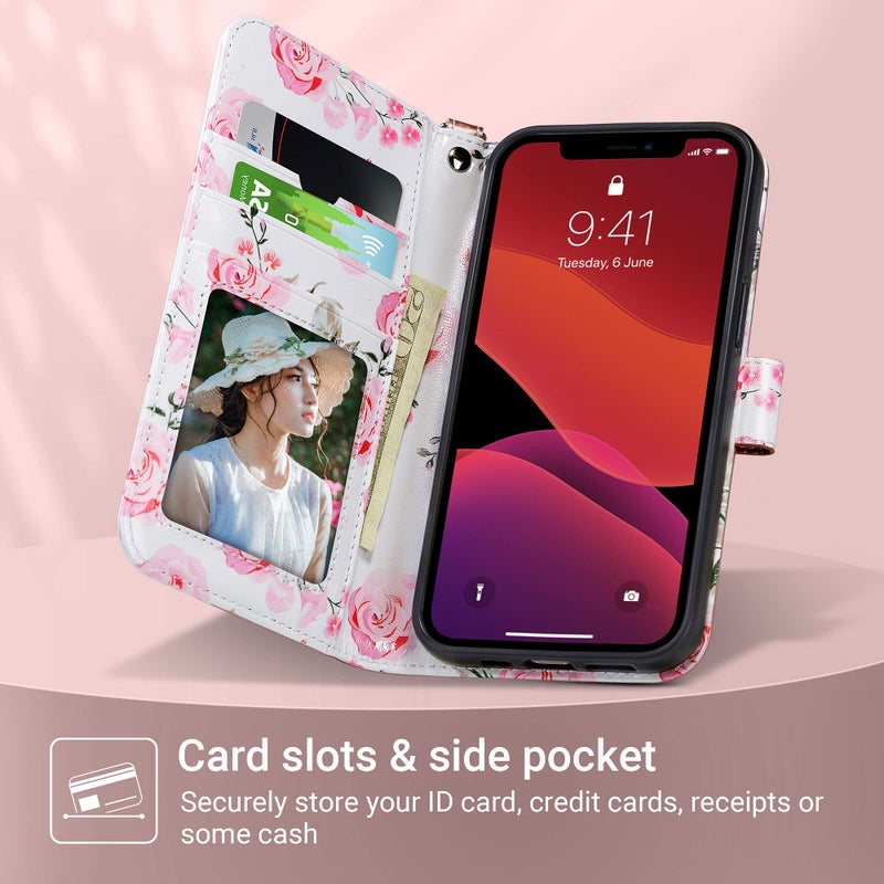 ULAK Compatible with iPhone 13 Wallet Case, Women PU Leather Shockproof Protective Folio Flip Cover with Card Holder Kickstand 6.1 inch, Pink Flower - Image 4