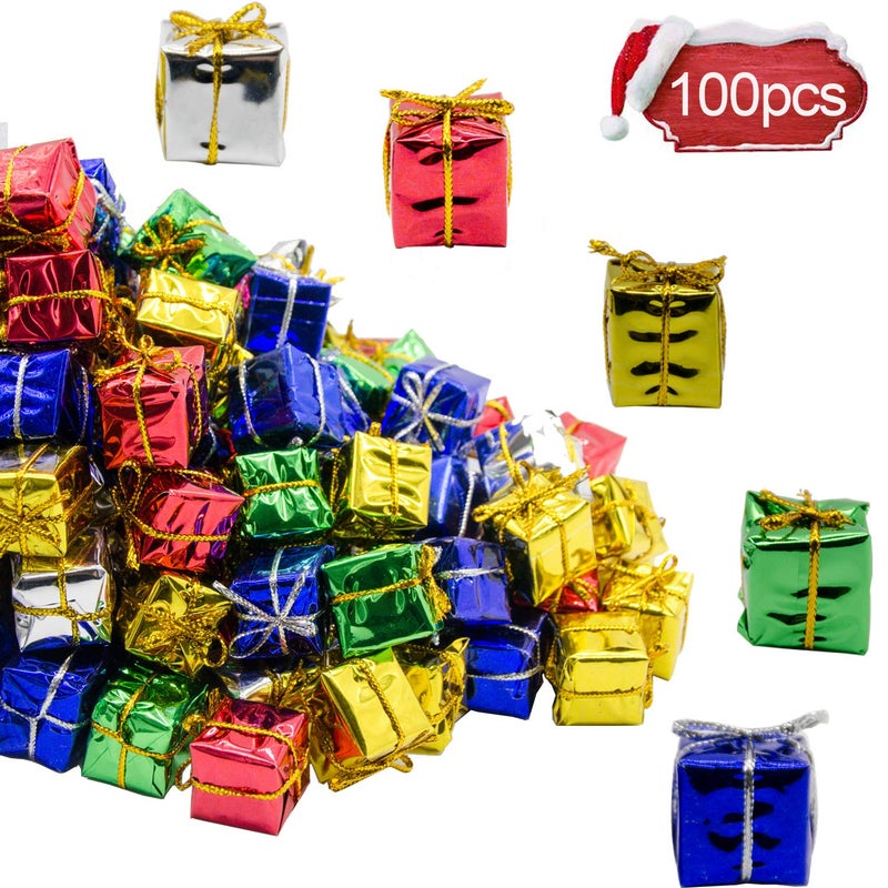100 Pcs Christmas Shiny Mini Boxes Ornaments Assorted Colors Metallic Foil Wrapped Ornaments Decoration Boxes for Christmas Tree Hanging Decorations