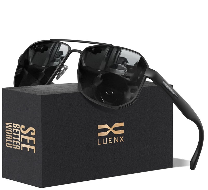 LUENX Aviator Sunglasses for Men Driving Square Polarized Polygon Lens - UV 400 Protection with Accessories(Dark Silver Grey Lens) - Image 1
