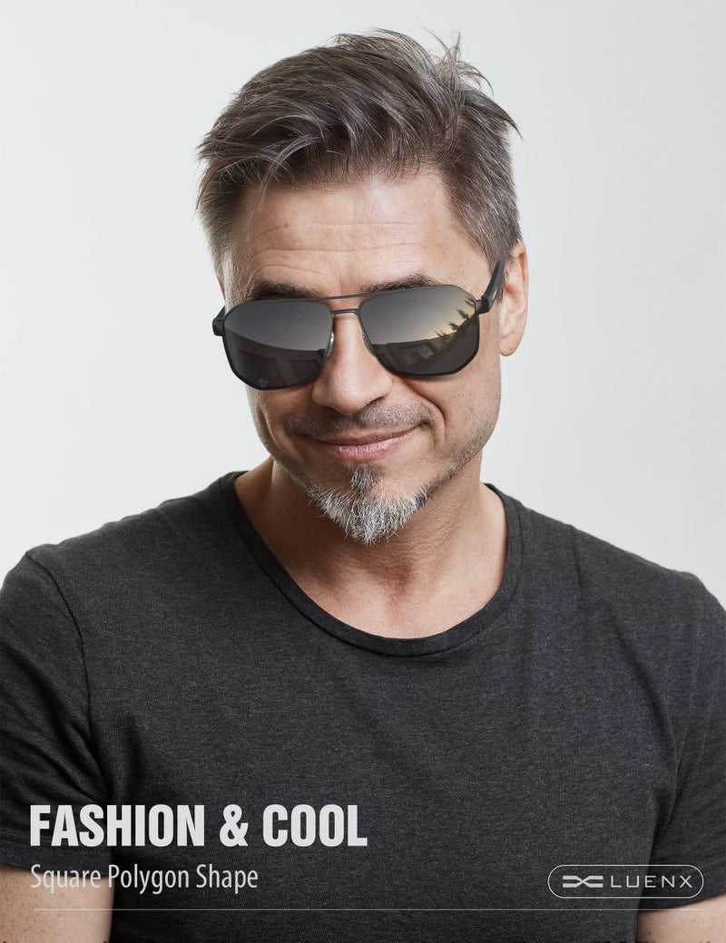 LUENX Aviator Sunglasses for Men Driving Square Polarized Polygon Lens - UV 400 Protection with Accessories(Dark Silver Grey Lens) - Image 2
