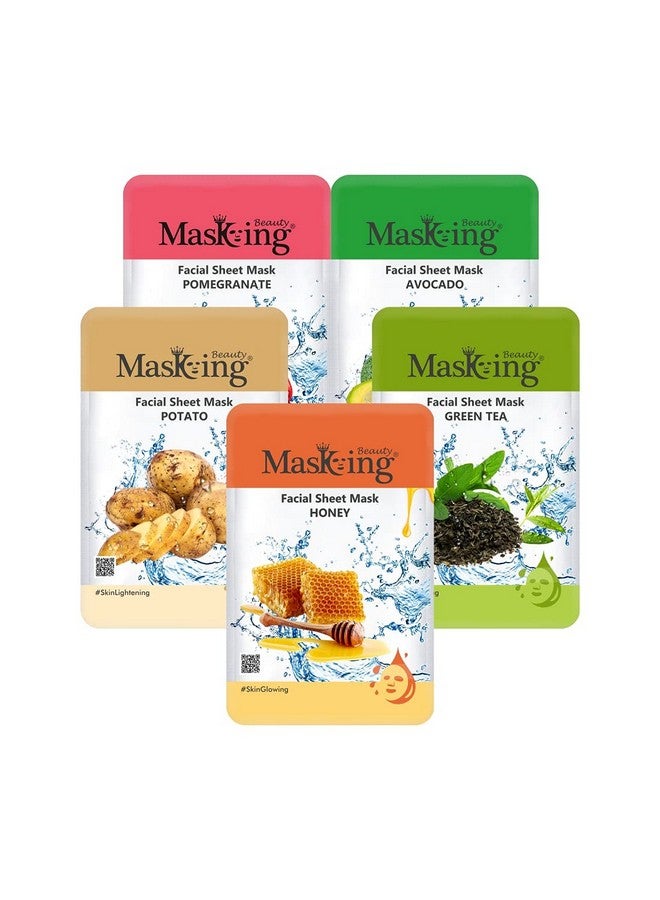 MasKing Beauty Facial Sheet Mask with Real Extract of Kiwi, Avocado, Potato, Green Tea & Honey for Skin Lightening, Nourishing, Lightening, Hydrating & Glowing for Women & Men, 100ml (Combo Of 5) - Image 1