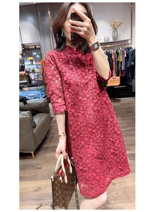 Large Size Women's Clothing Spring And Summer National Style Cheongsam Dress Belly Covering Slimming Elegant Small Fragrant Style Chubby Girl Fashion Lace Skirt