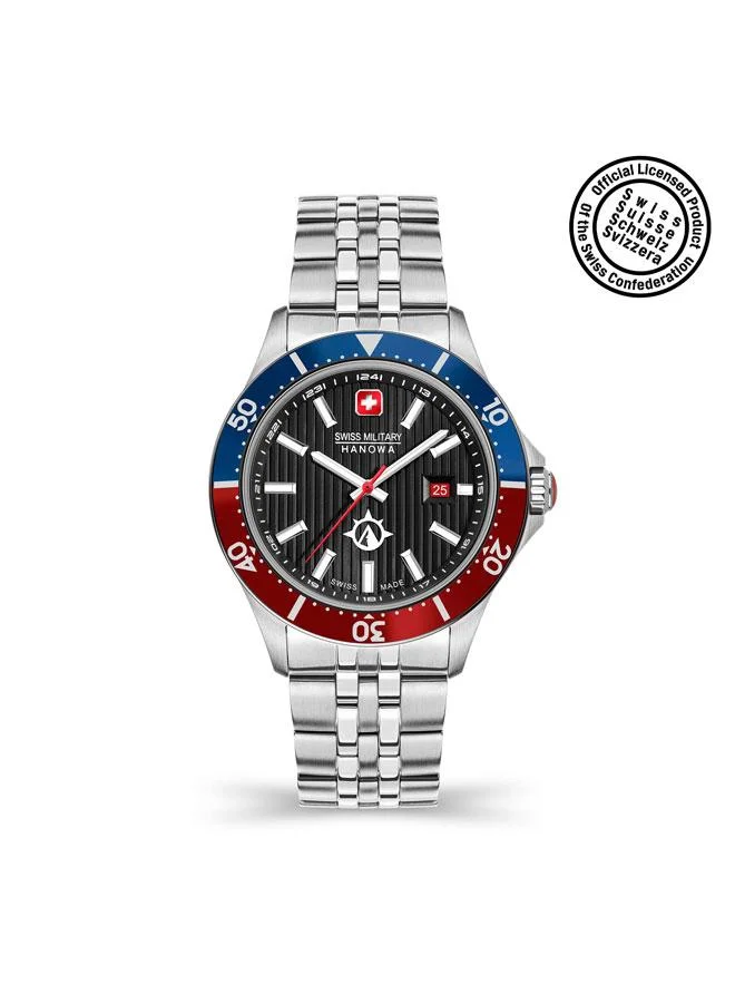سويس ميليتري هانوا Flagship X 42mm Men's Analog Watch with Stainless Steel Bracelet & Blue Red Bezel