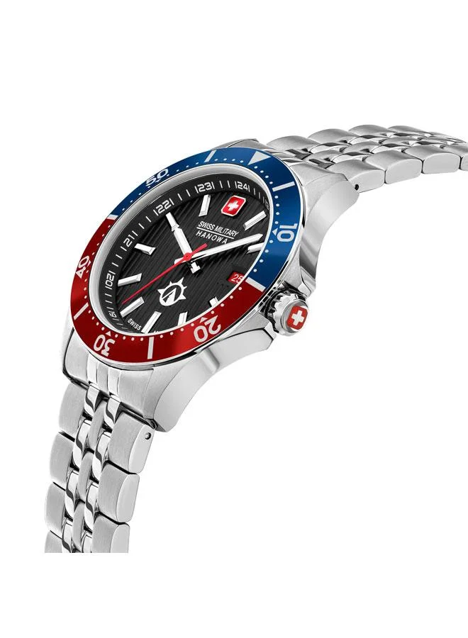 سويس ميليتري هانوا Flagship X 42mm Men's Analog Watch with Stainless Steel Bracelet & Blue Red Bezel