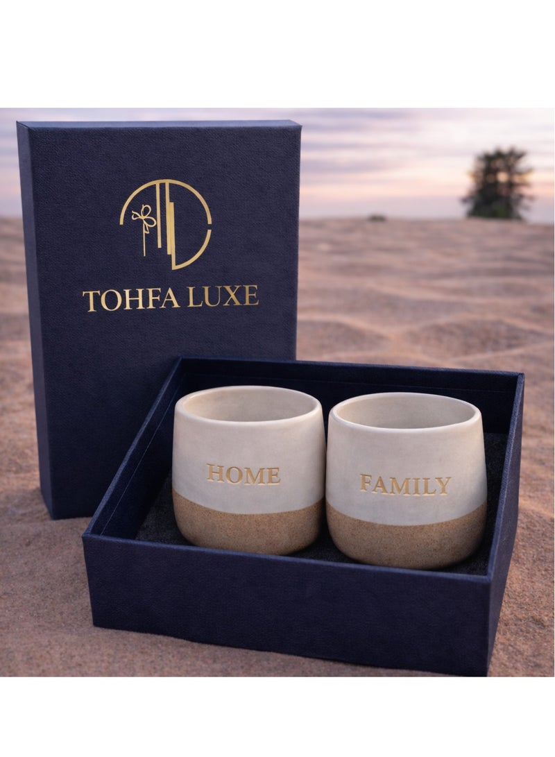 Tohfa Luxe Handcrafted Ceramic Cup Set – “Family ” & “Home ” Gold Engraved – 2 pcs Gift Box – 175 ml Each