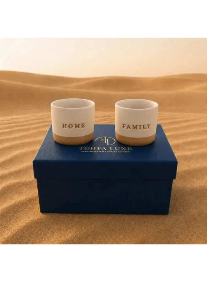 Tohfa Luxe Tohfa Luxe Handcrafted Ceramic Cup Set – “Family ” & “Home ” Gold Engraved – 2 pcs Gift Box – 175 ml Each