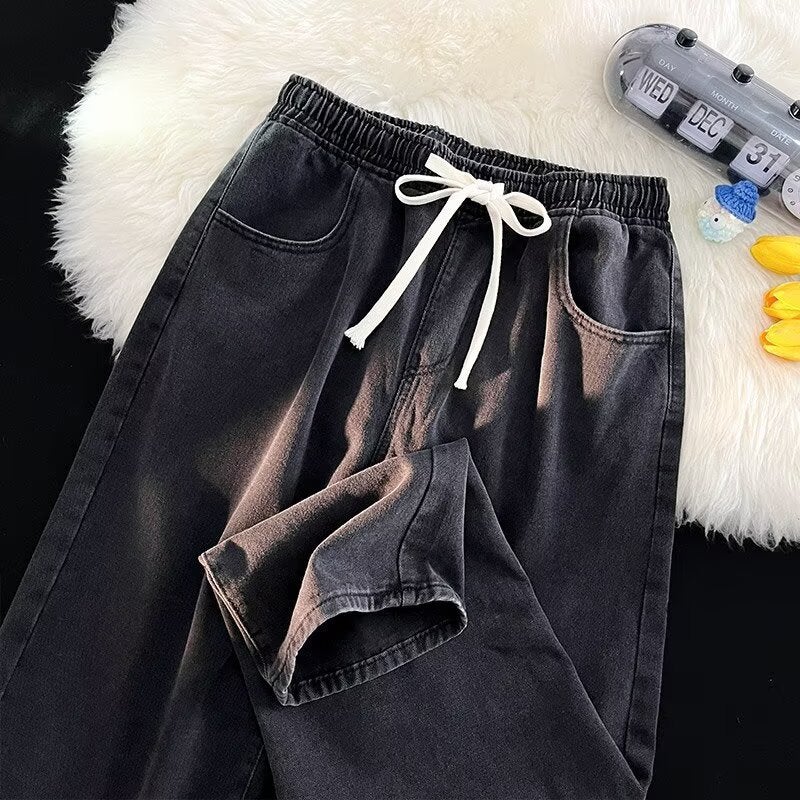 Jeans Spring & Fall Women'S Loose Oversize Trendyy Handsome Drawstring Elastic Waist Men'S And Women'S Same Style Pants Straight Pants - Image 1