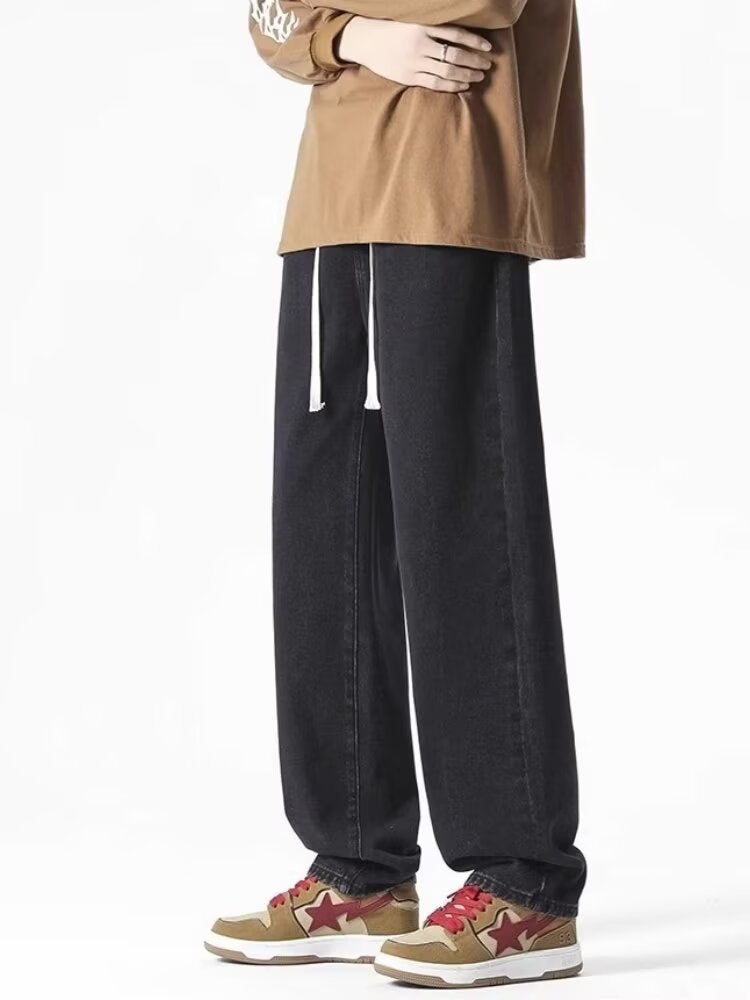 Jeans Spring & Fall Women'S Loose Oversize Trendyy Handsome Drawstring Elastic Waist Men'S And Women'S Same Style Pants Straight Pants - Image 4