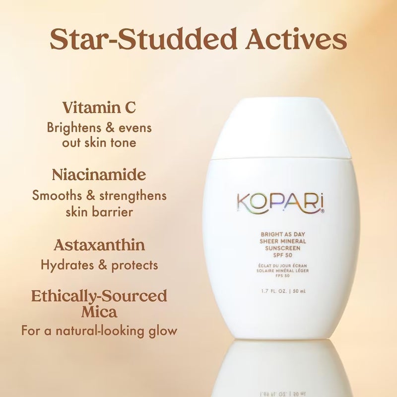 Kopari Bright as Day Sheer Mineral Sunscreen SPF 50, 100% Mineral Facial Sunscreen with Vitamin C & Niacinamide, Sheer Finish, All Skin Tones, 1.7 oz - Image 2