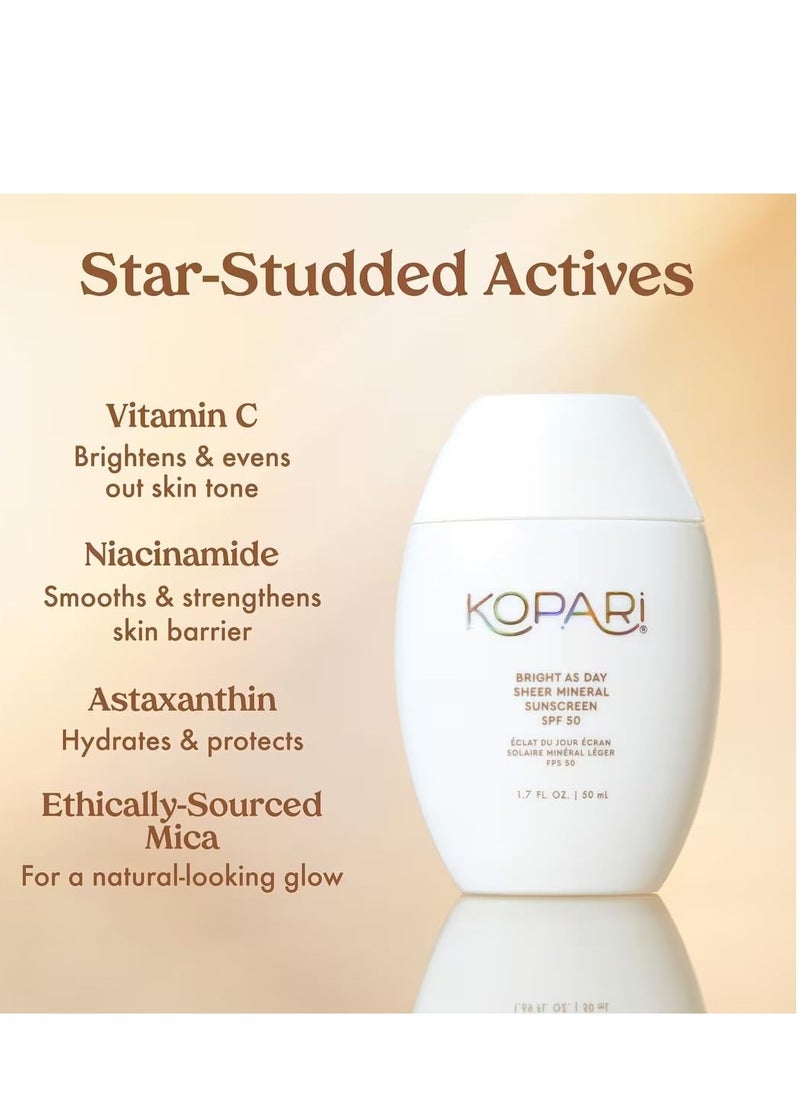 Kopari Kopari Bright as Day Sheer Mineral Sunscreen SPF 50, 100% Mineral Facial Sunscreen with Vitamin C & Niacinamide, Sheer Finish, All Skin Tones, 1.7 oz  - Image 2