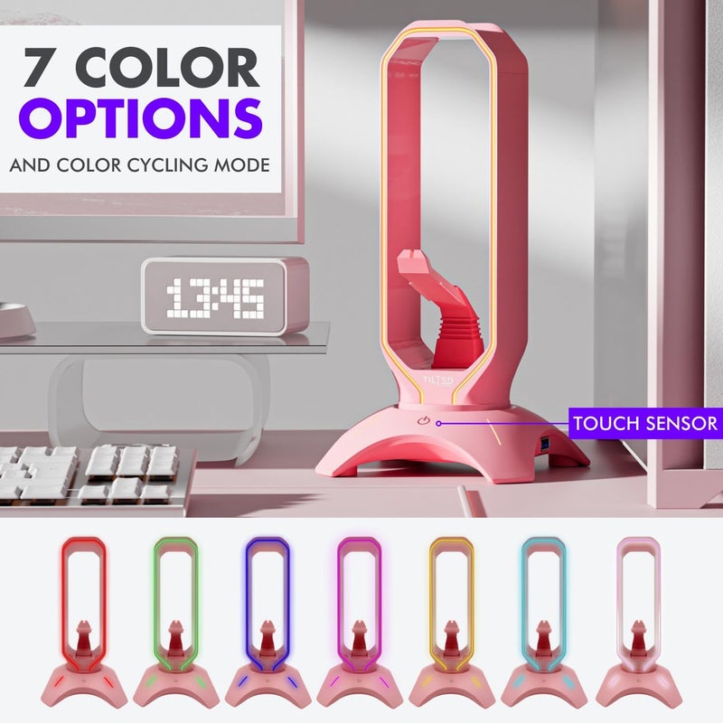 حامل سماعات الألعاب من | حامل سماعات وردي مع RGB وBungee الفأرة ومحور USB | حامل سماعات لطيف لإكسسوارات فتاة الألعاب - Image 4